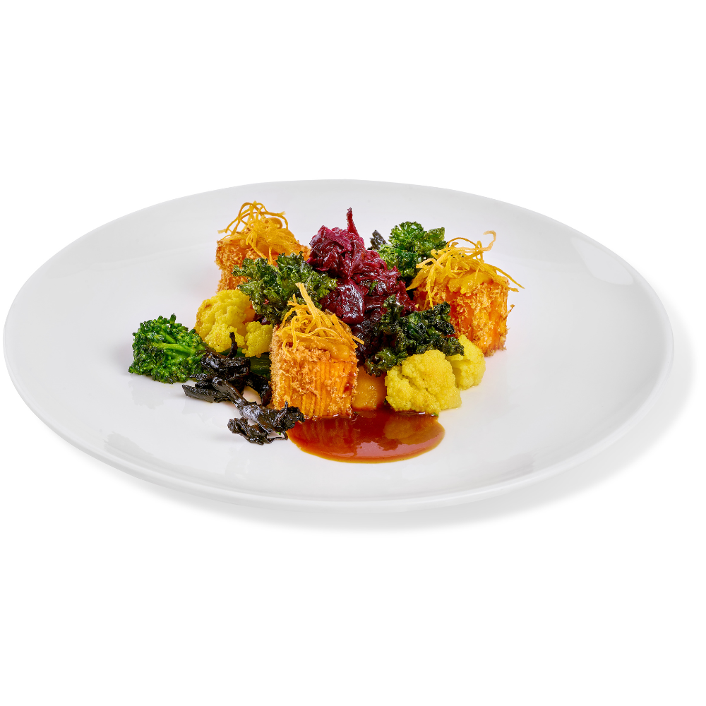 Gebackene Süßkartoffelschnitte | Geröstete Gemüsejus | Wilder Blumenkohl | Gewürzrotkohl | Flower Sprouts